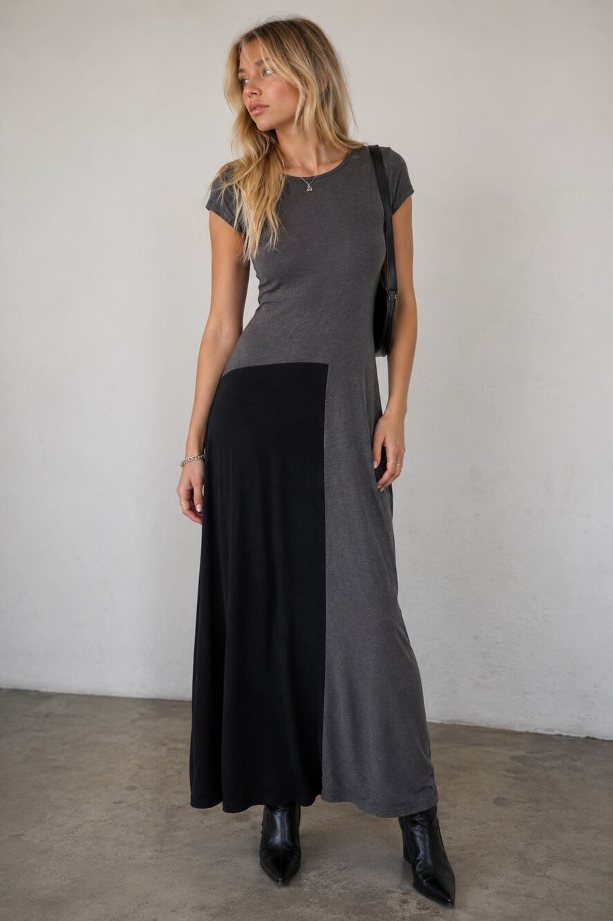 J Jill Grey Black Jersey Knit Maxi Dress Womens M Casual Lagenlook Fall Stretch